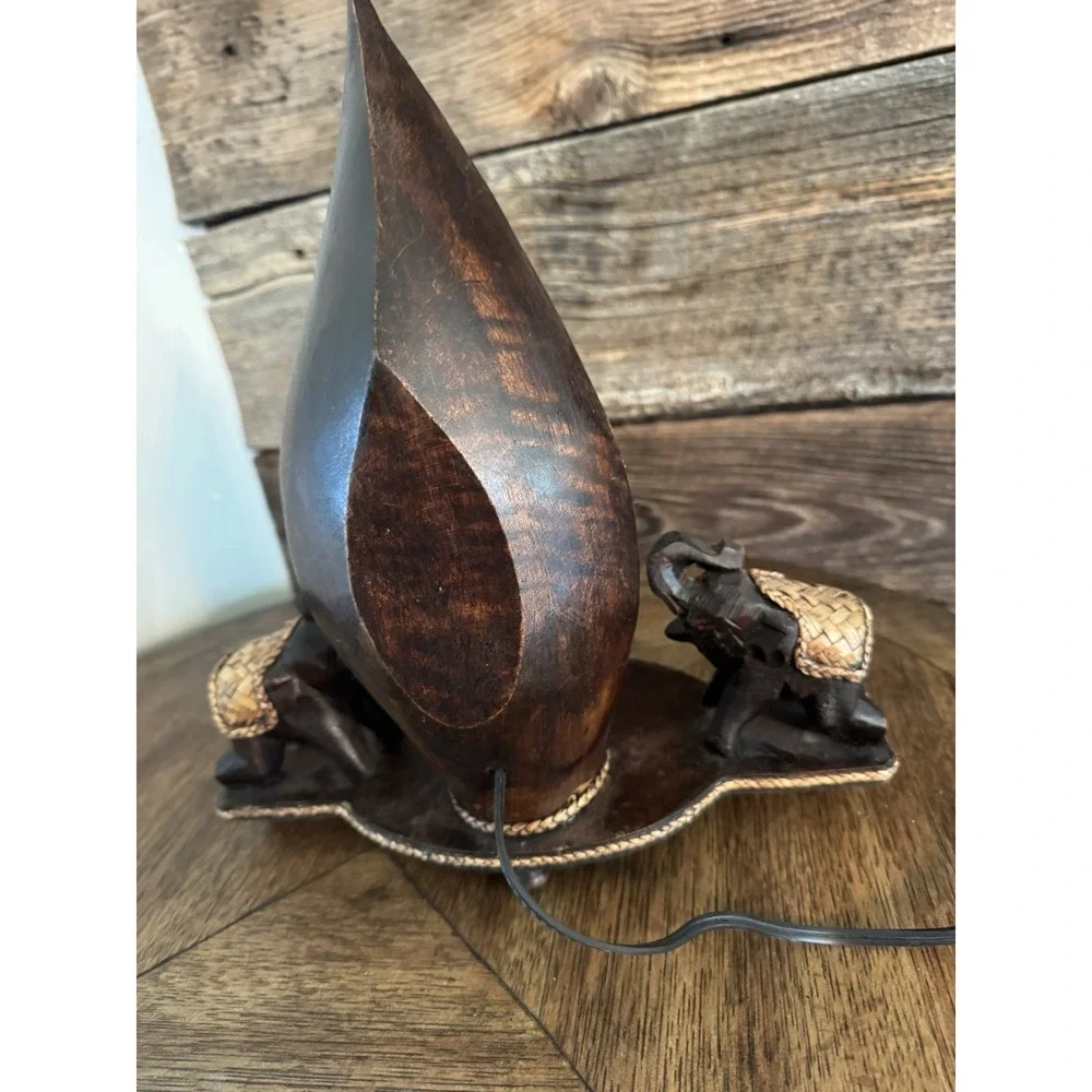 Two Elephant Wooden Table Lamp Light. Click Switch. Beautiful Decor.